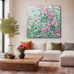 Roze bloesem in vol licht, Bloemen & Stilleven schilderij aan de muur in interieur