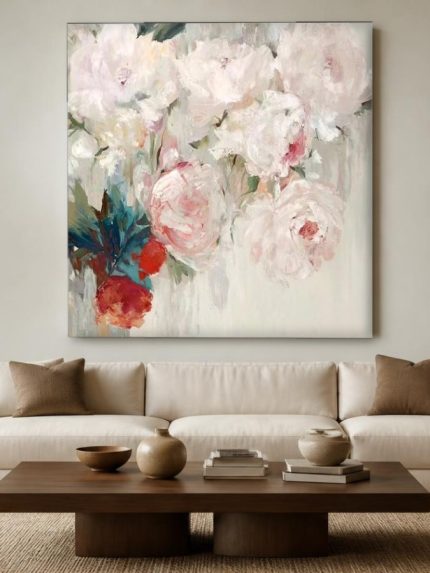 Witte Pioenen in Vol Bloei, Bloemen & Stilleven schilderij aan de muur in interieur