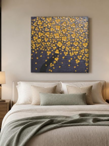 Gouden Bloesemboom, Bloemen & Stilleven schilderij aan de muur in interieur