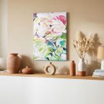 Wervelende Bloesem in Roze en Groen, Bloemen & Stilleven schilderij aan de muur in interieur