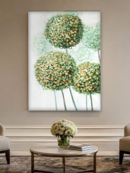 Bloemhoofden in Groen en Goud, Bloemen & Stilleven schilderij aan de muur in interieur