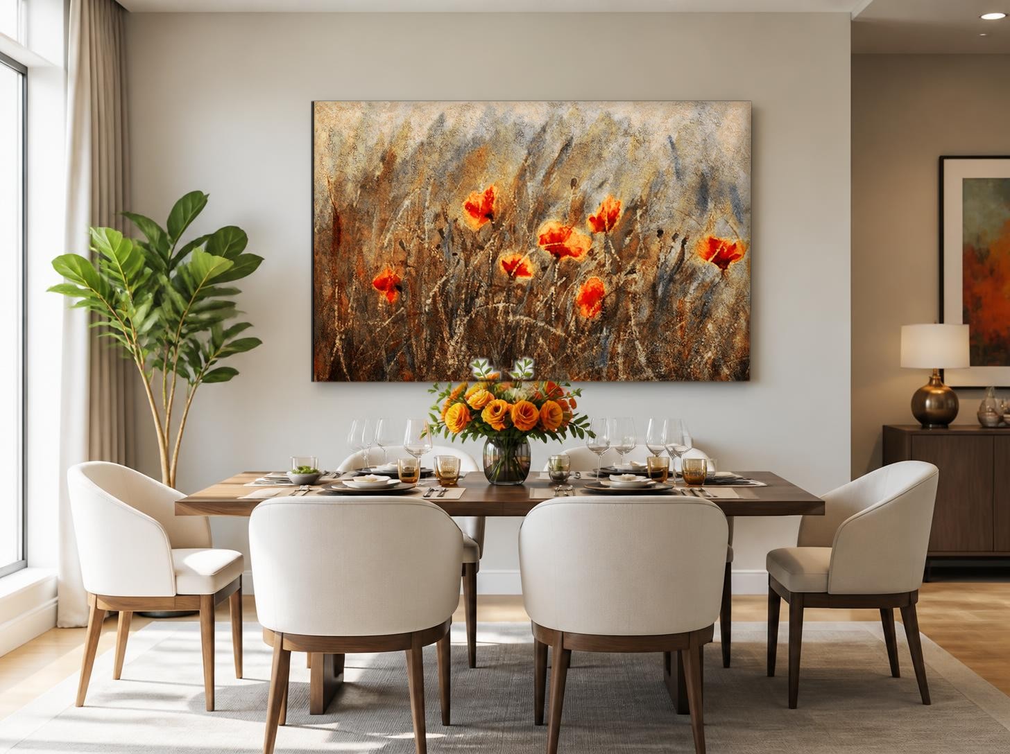 Klaprozen in Goudveld, Bloemen & Stilleven schilderij aan de muur in interieur