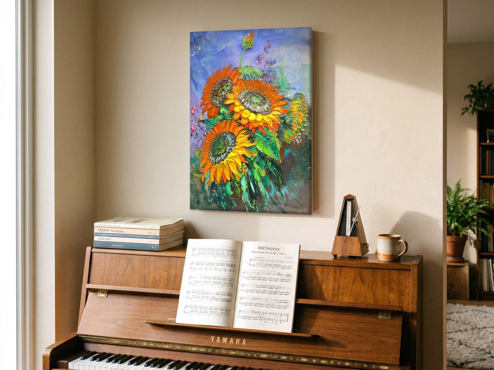 Zonnebloemen in vol licht, Bloemen & Stilleven schilderij aan de muur in interieur