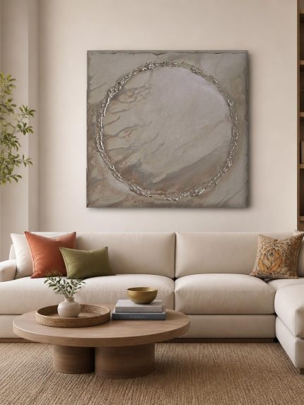 Zilveren Cirkel, Abstract & Modern schilderij aan de muur in interieur