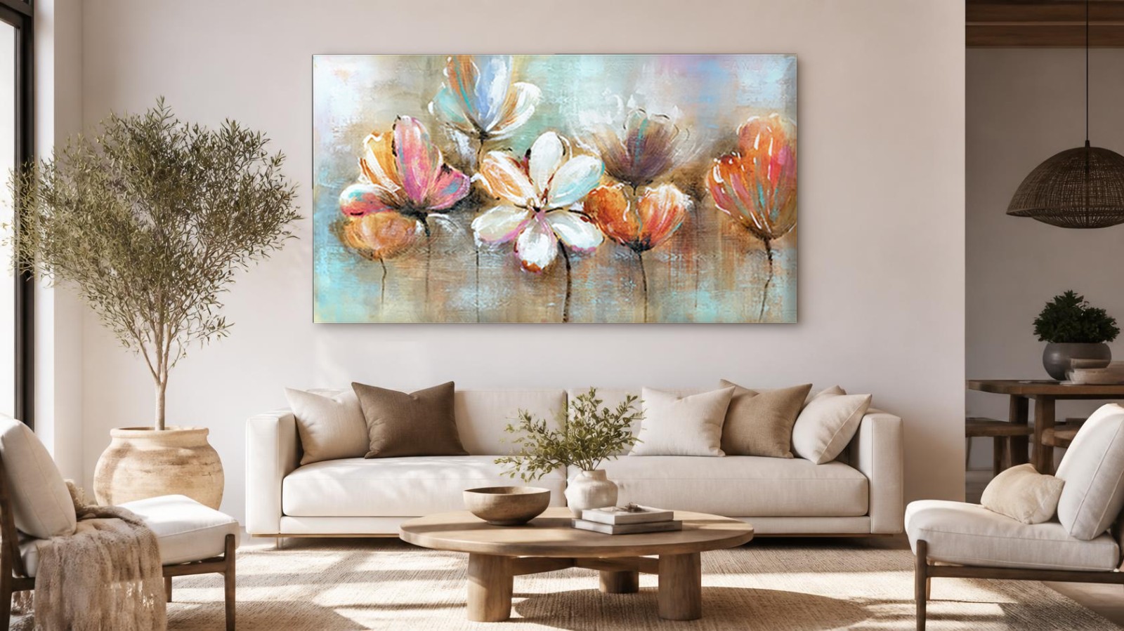 Bloemenrij in Pastel, Bloemen & Stilleven schilderij aan de muur in interieur