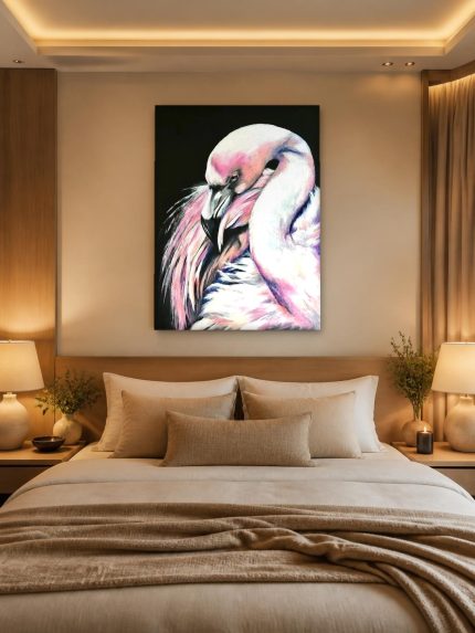 Flamingo in close-up, Dieren schilderij aan de muur in interieur
