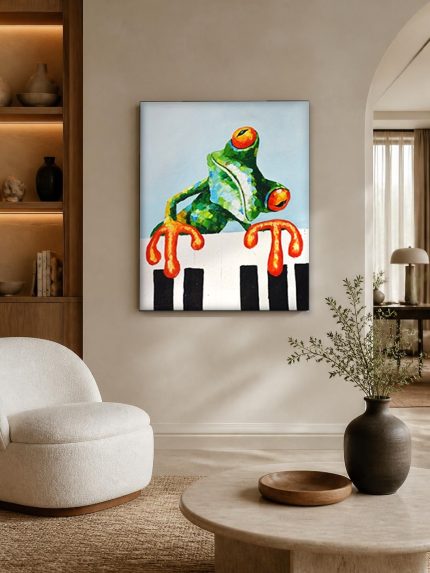 Kikker op de Pianotoetsen, Dieren schilderij aan de muur in interieur