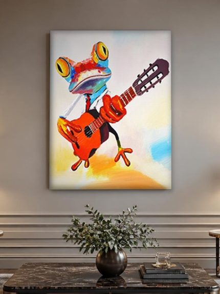 Kikker met Gitaar, Dieren schilderij aan de muur in interieur