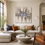 Verticaal Spel in Blauw en Zand, Abstract & Modern schilderij aan de muur in interieur