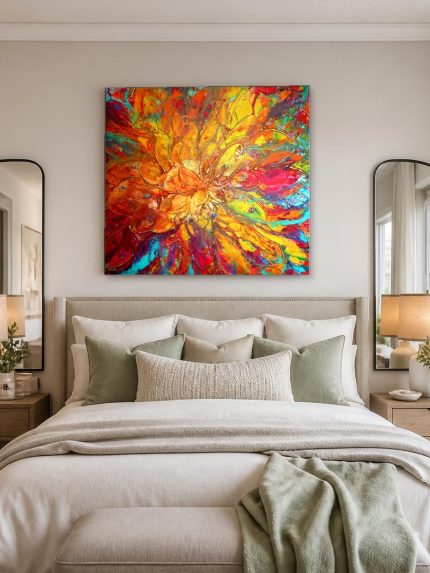 Vurige Dahlia in Bloei, Bloemen & Stilleven schilderij aan de muur in interieur