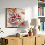 Koikarpers tussen Herfstbladeren, Dieren schilderij aan de muur in interieur