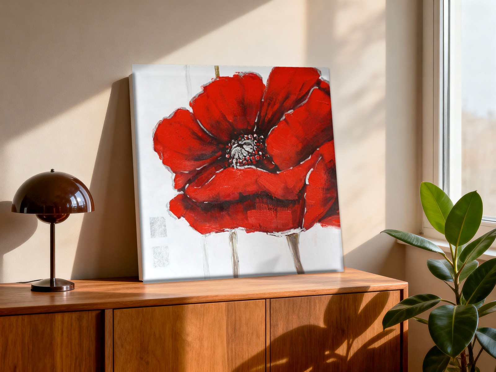 Grote Rode Klaproos, Bloemen & Stilleven schilderij aan de muur in interieur