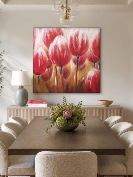 Rode tulpen in close-up, Bloemen & Stilleven schilderij aan de muur in interieur