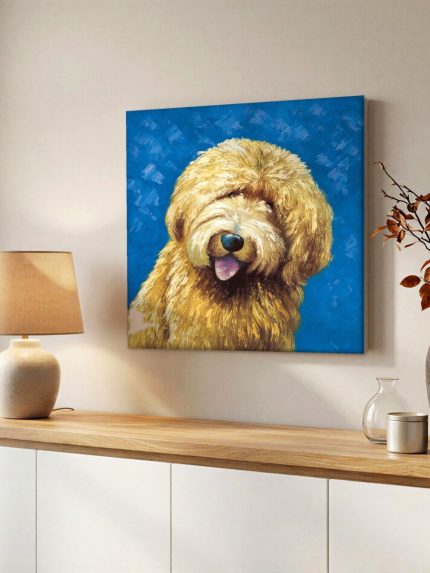 Vrolijke Goudharige Hond, Dieren schilderij aan de muur in interieur