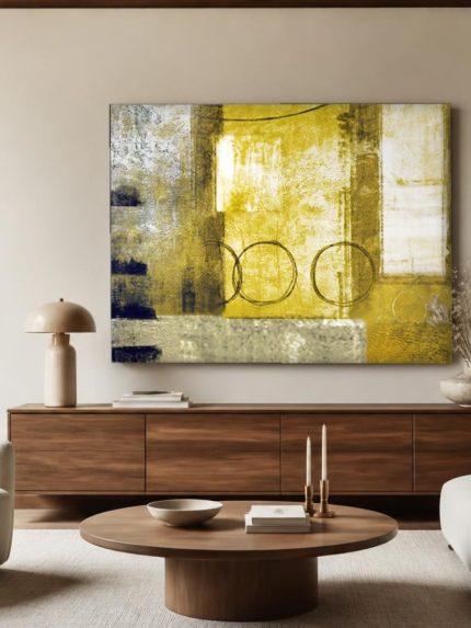 Gouden Cirkels, Abstract & Modern schilderij aan de muur in interieur