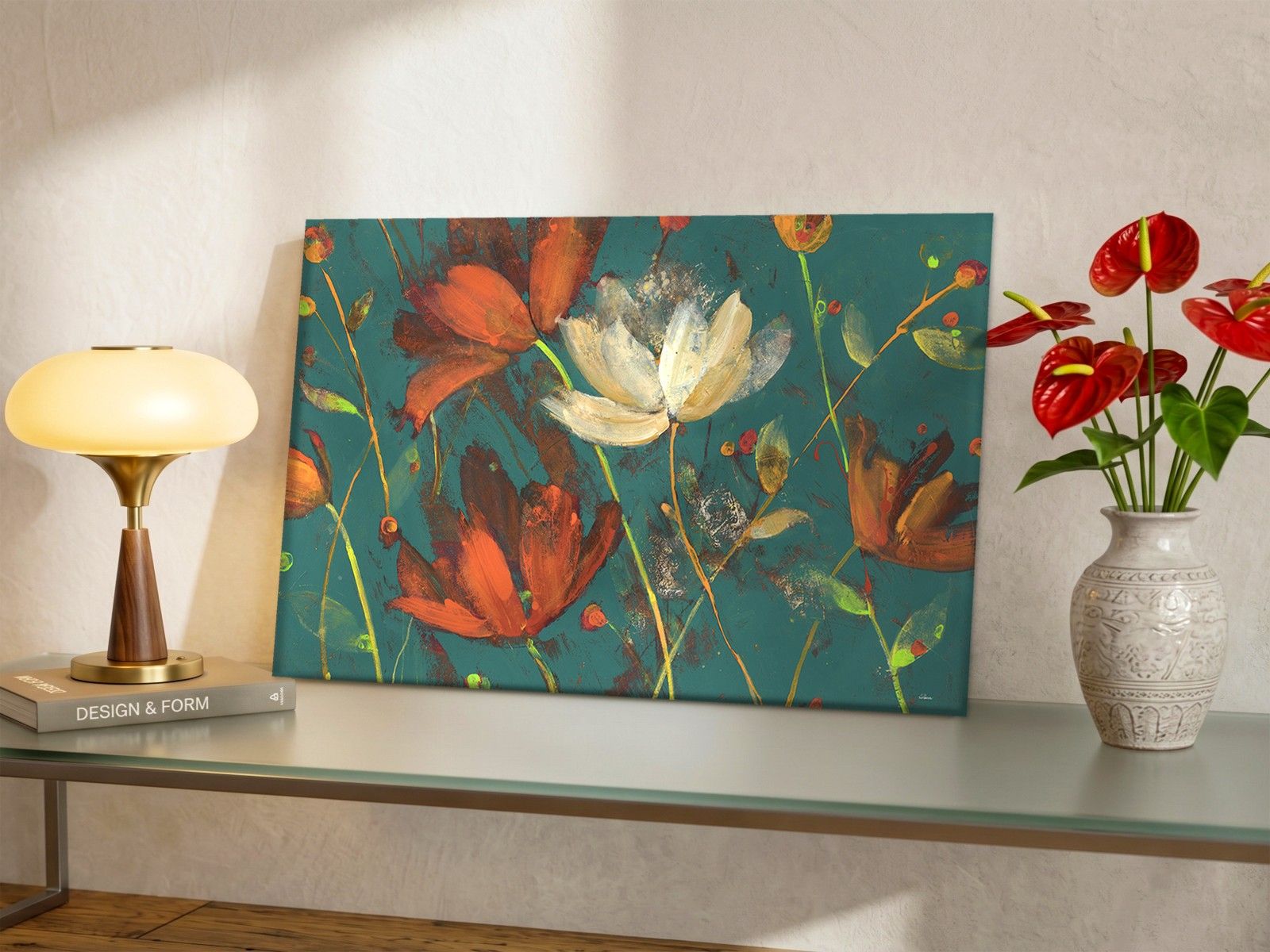 Wilde papavers op petrol, Bloemen & Stilleven schilderij aan de muur in interieur