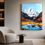 Besneeuwde bergtop bij turquoise rivier, Natuur & Landschap schilderij aan de muur in interieur