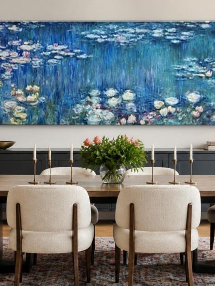 Waterlelies (naar Monet), Bloemen & Stilleven schilderij aan de muur in interieur