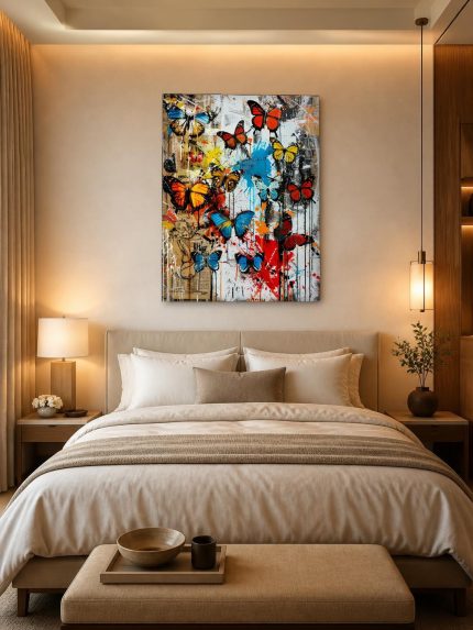 Vlinders in Verfspetters, Dieren schilderij aan de muur in interieur