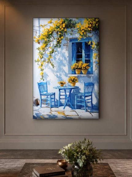 Mimosa boven het Blauwe Terras, Natuur & Landschap schilderij aan de muur in interieur