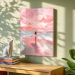 Surfster bij Roze Zonsondergang, Natuur & Landschap schilderij aan de muur in interieur