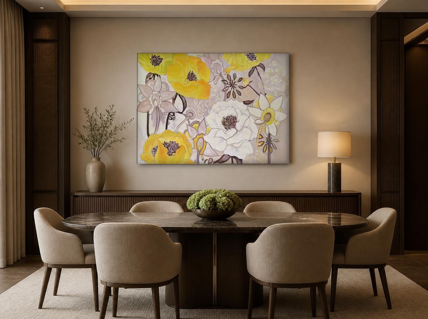 Gele Papavers en Witte Bloesem, Bloemen & Stilleven schilderij aan de muur in interieur