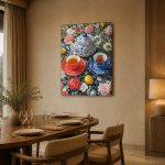 Theeservies tussen bloemen, Bloemen & Stilleven schilderij aan de muur in interieur