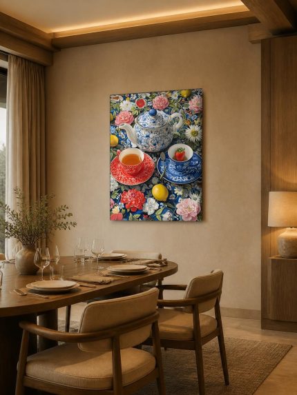 Theeservies tussen bloemen, Bloemen & Stilleven schilderij aan de muur in interieur