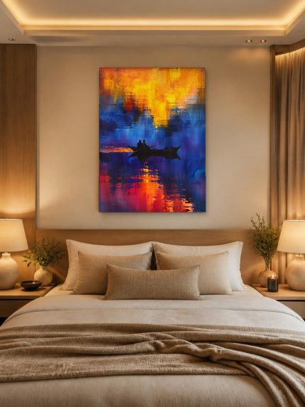Bootje in gouden avondgloed, Natuur & Landschap schilderij aan de muur in interieur