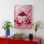 Slagroomtaart met kersen, Bloemen & Stilleven schilderij aan de muur in interieur