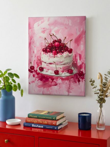 Slagroomtaart met kersen, Bloemen & Stilleven schilderij aan de muur in interieur