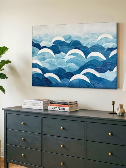 Golvende Zee in Blauw, Natuur & Landschap schilderij aan de muur in interieur