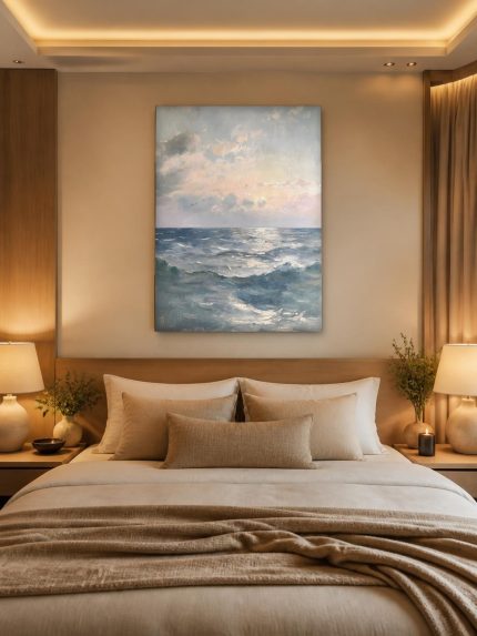 Golven onder Wolkenlucht, Natuur & Landschap schilderij aan de muur in interieur