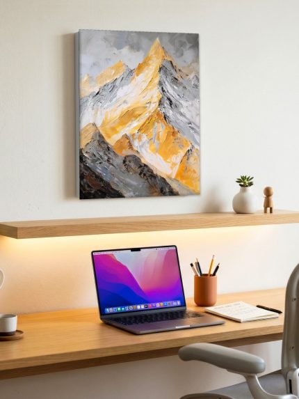 Gouden Bergtop bij Zonsopgang, Natuur & Landschap schilderij aan de muur in interieur