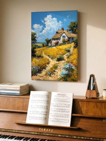 Pad naar de Rieten Cottage, Natuur & Landschap schilderij aan de muur in interieur