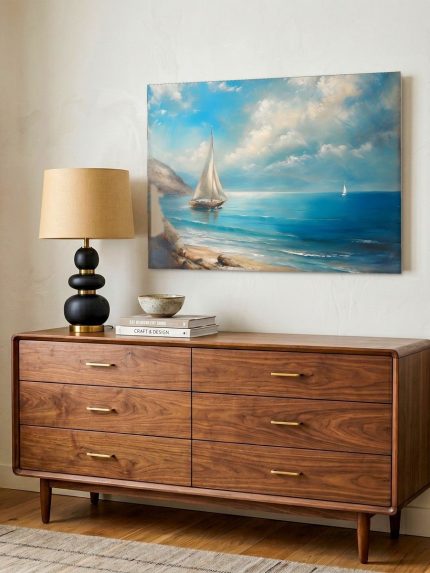 Zeilboot in Rustige Baai, Natuur & Landschap schilderij aan de muur in interieur