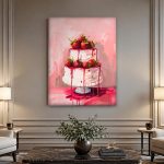 Aardbeientaart met Coulis, Bloemen & Stilleven schilderij aan de muur in interieur