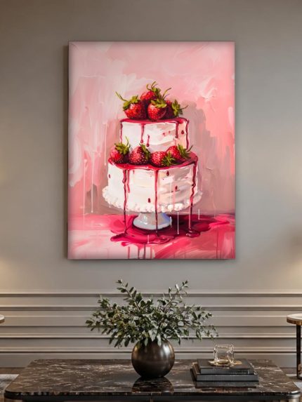 Aardbeientaart met Coulis, Bloemen & Stilleven schilderij aan de muur in interieur