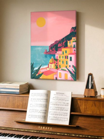 Amalfikust in Roze Zonlicht, Natuur & Landschap schilderij aan de muur in interieur