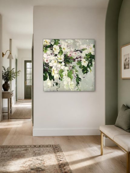 Witte Bloesemtakken in Bloei, Bloemen & Stilleven schilderij aan de muur in interieur
