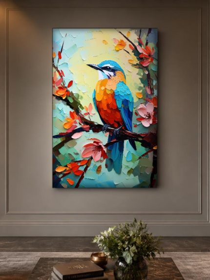 IJsvogel tussen Bloesemtakken, Dieren schilderij aan de muur in interieur
