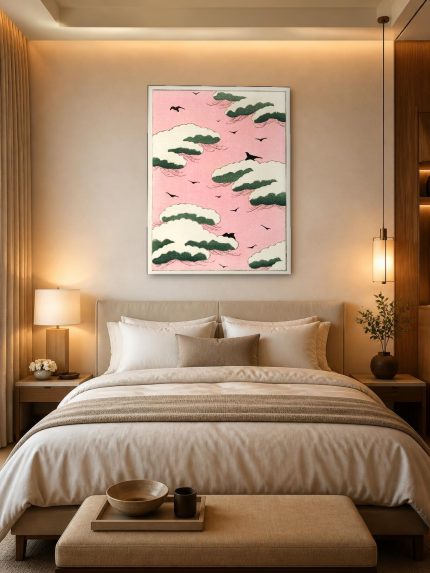 Roze Vogelwolken, Dieren schilderij aan de muur in interieur