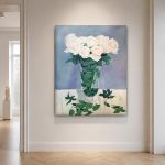 Witte rozen in glazen vaas, Bloemen & Stilleven schilderij aan de muur in interieur