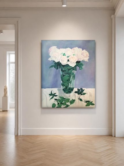 Witte rozen in glazen vaas, Bloemen & Stilleven schilderij aan de muur in interieur