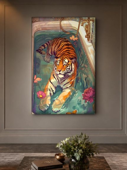 Tijger in bad, Dieren schilderij aan de muur in interieur