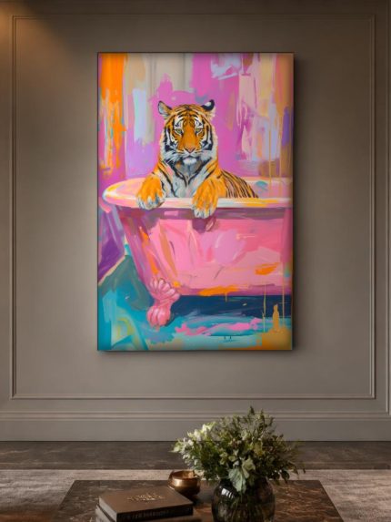 Tijger in Roze Bad, Dieren schilderij aan de muur in interieur