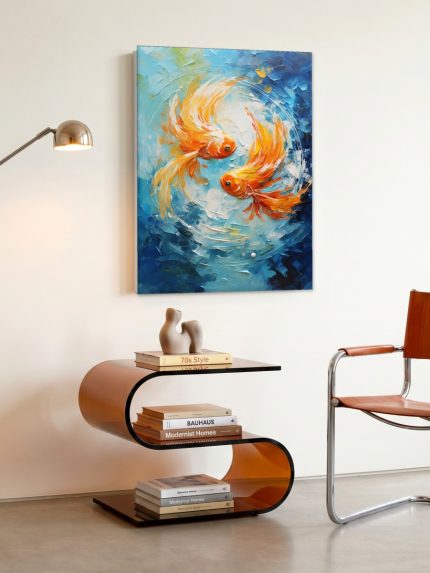 Koikarpers in Wervelend Water, Dieren schilderij aan de muur in interieur
