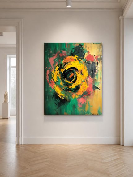 Gele Roos in Vuur, Bloemen & Stilleven schilderij aan de muur in interieur