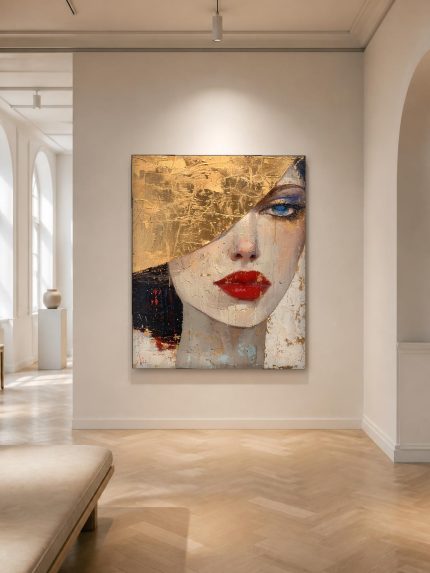 Vrouw met Gouden Blik, Mensen & Portretten schilderij aan de muur in interieur