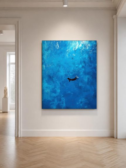 Duik in het Blauw, Natuur & Landschap schilderij aan de muur in interieur